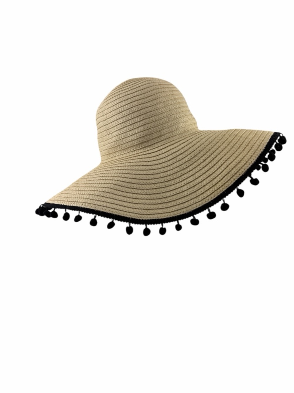 J. Crew‎ Women’s Tan Wide-Brim Straw Hat with Black Pom-Pom Trim